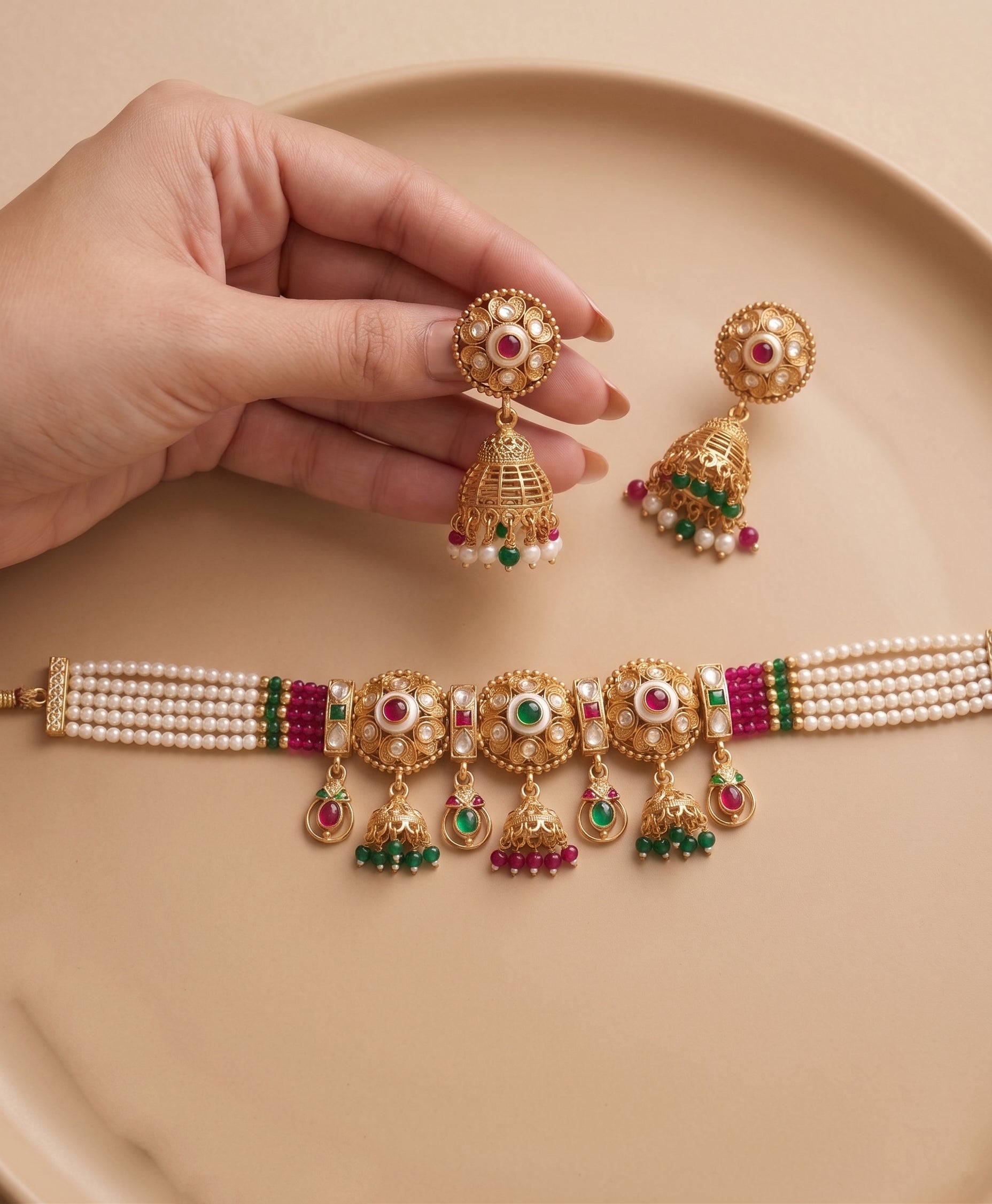 Rang Mahal - Kundan Choker Set with Ruby, Emerald & Jhumka Drops