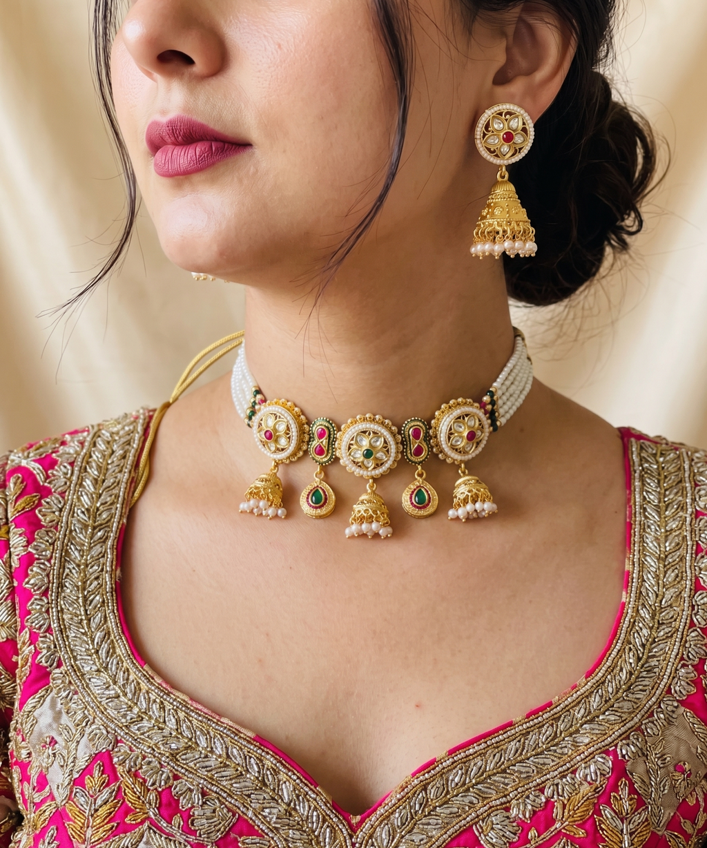 Noor-e-Nikaah - Kundan Pearl Choker with Jhumka & Teardrop Pendants
