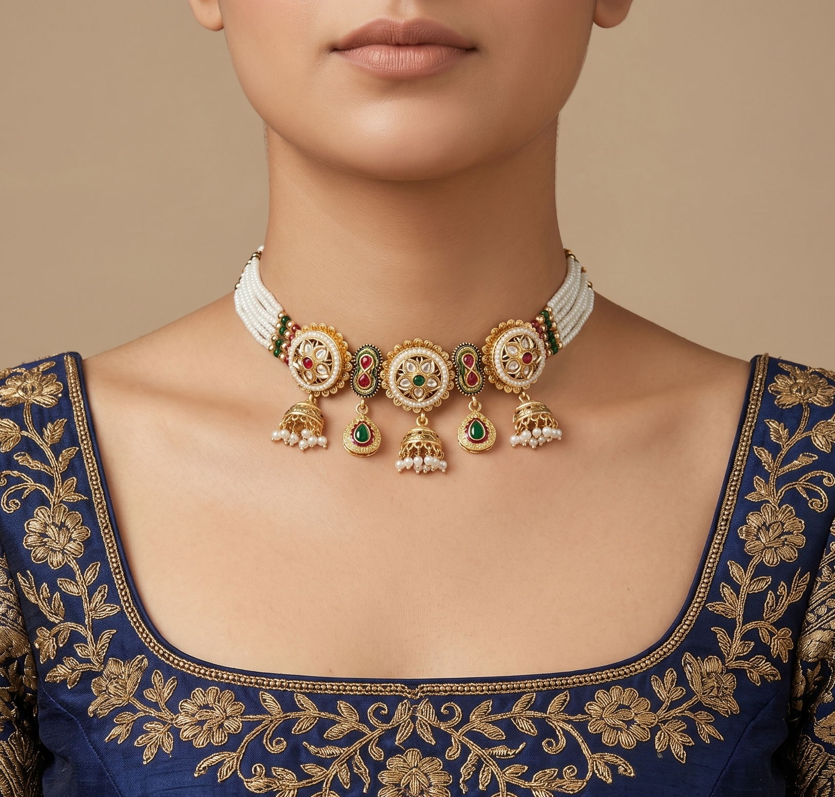 Noor-e-Nikaah - Kundan Pearl Choker with Jhumka & Teardrop Pendants