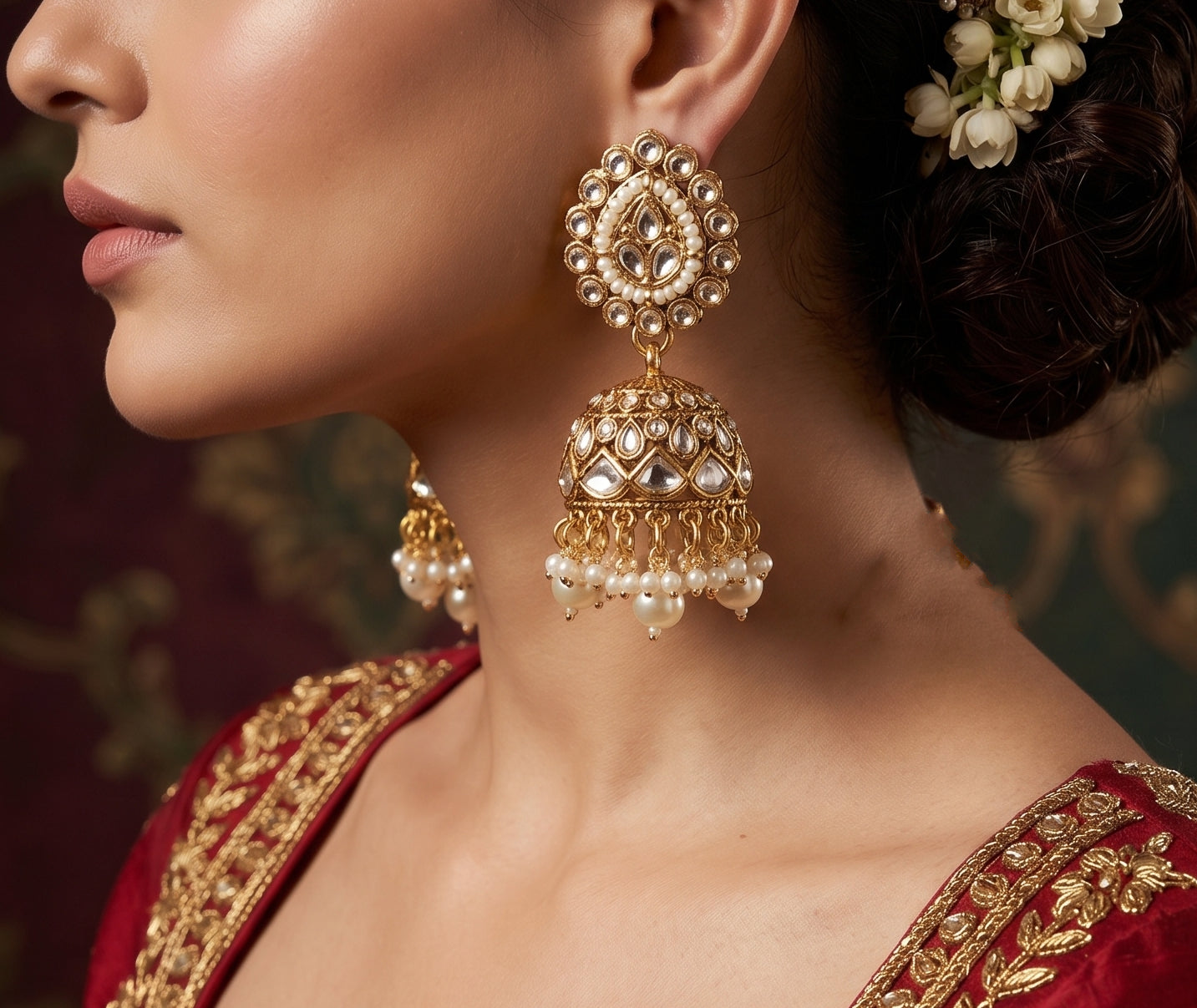 Sheesh Mahal Bride - Heavy Polki Bridal Necklace with Pearl Cascades & Maang Tikka