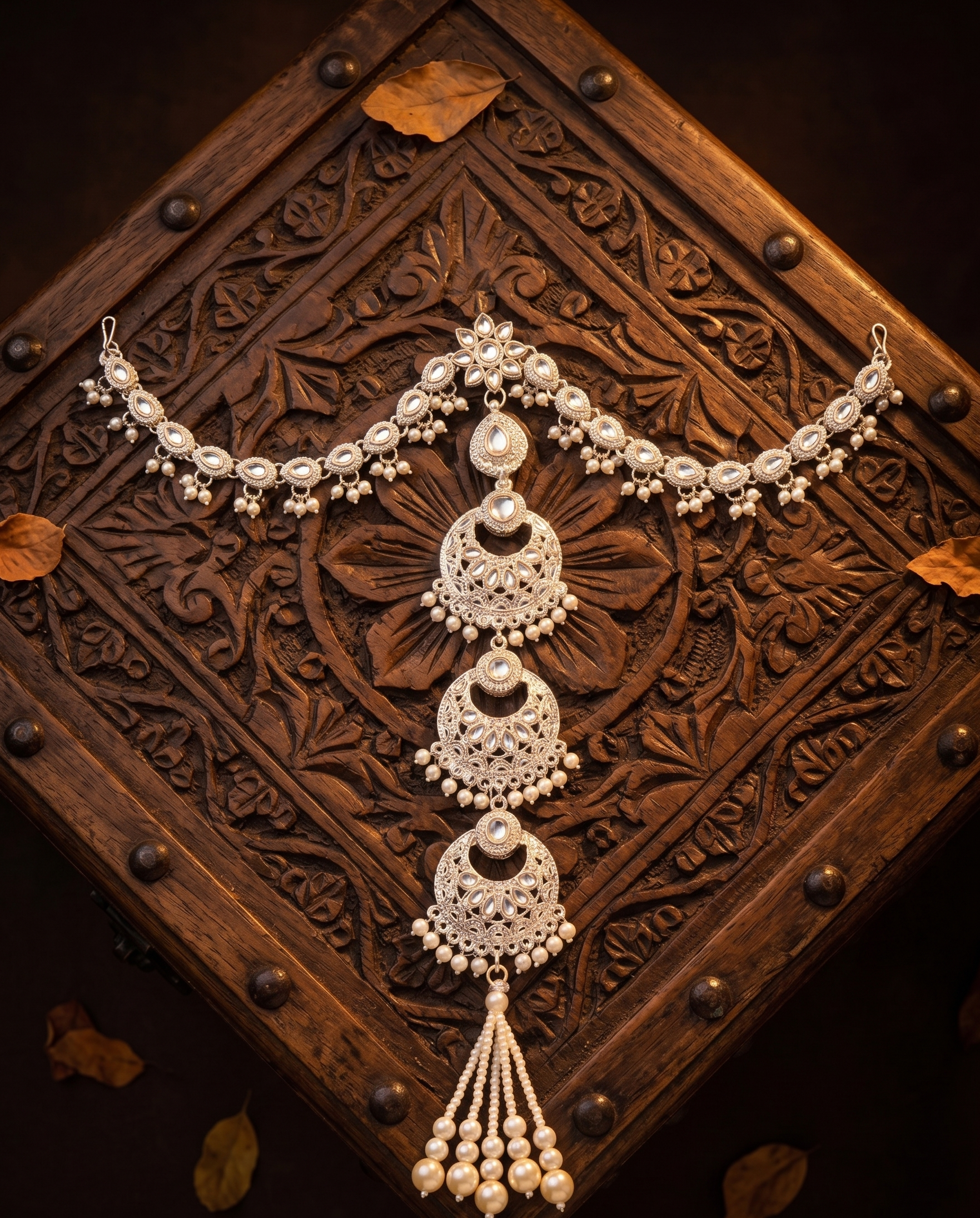 Silver Pearl Kundan Bridal Necklace Hair Chain