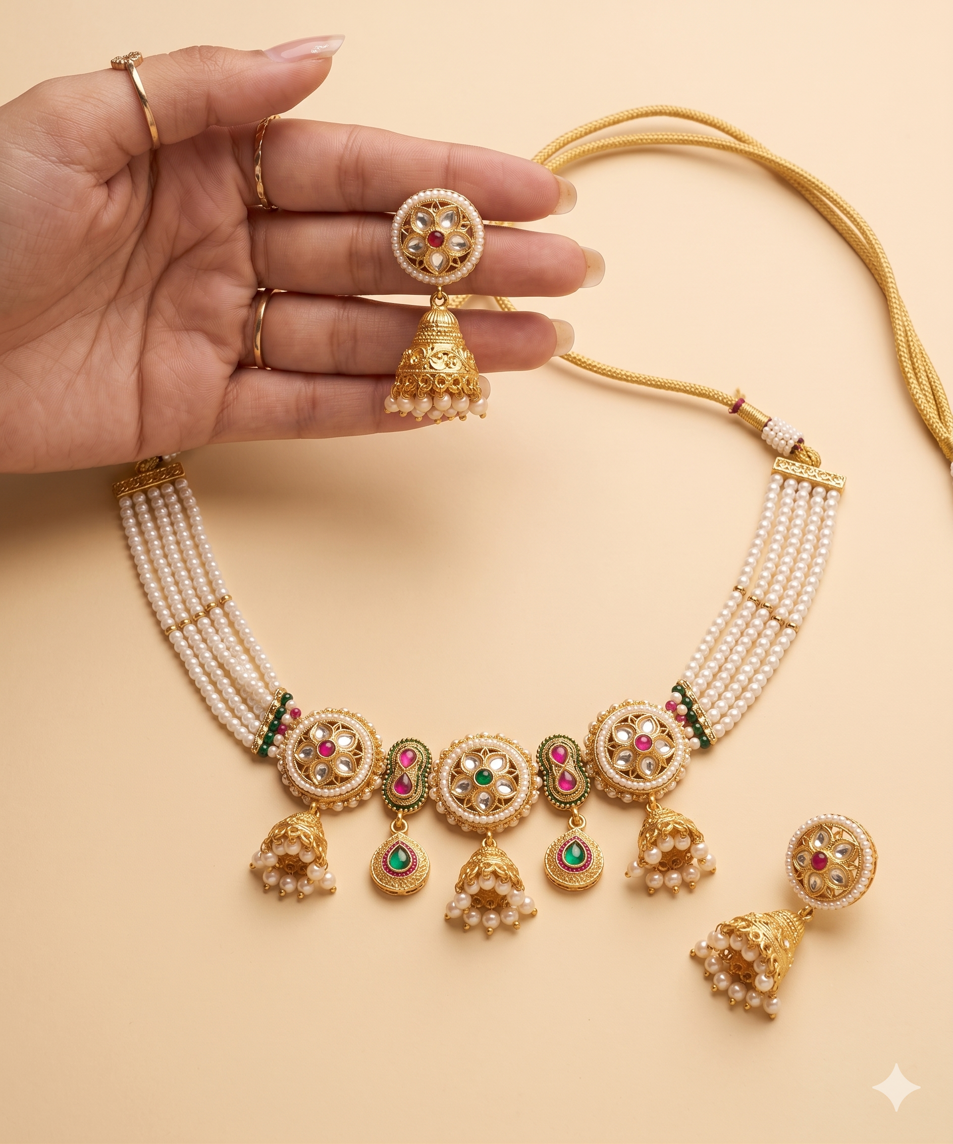 Noor-e-Nikaah - Kundan Pearl Choker with Jhumka & Teardrop Pendants