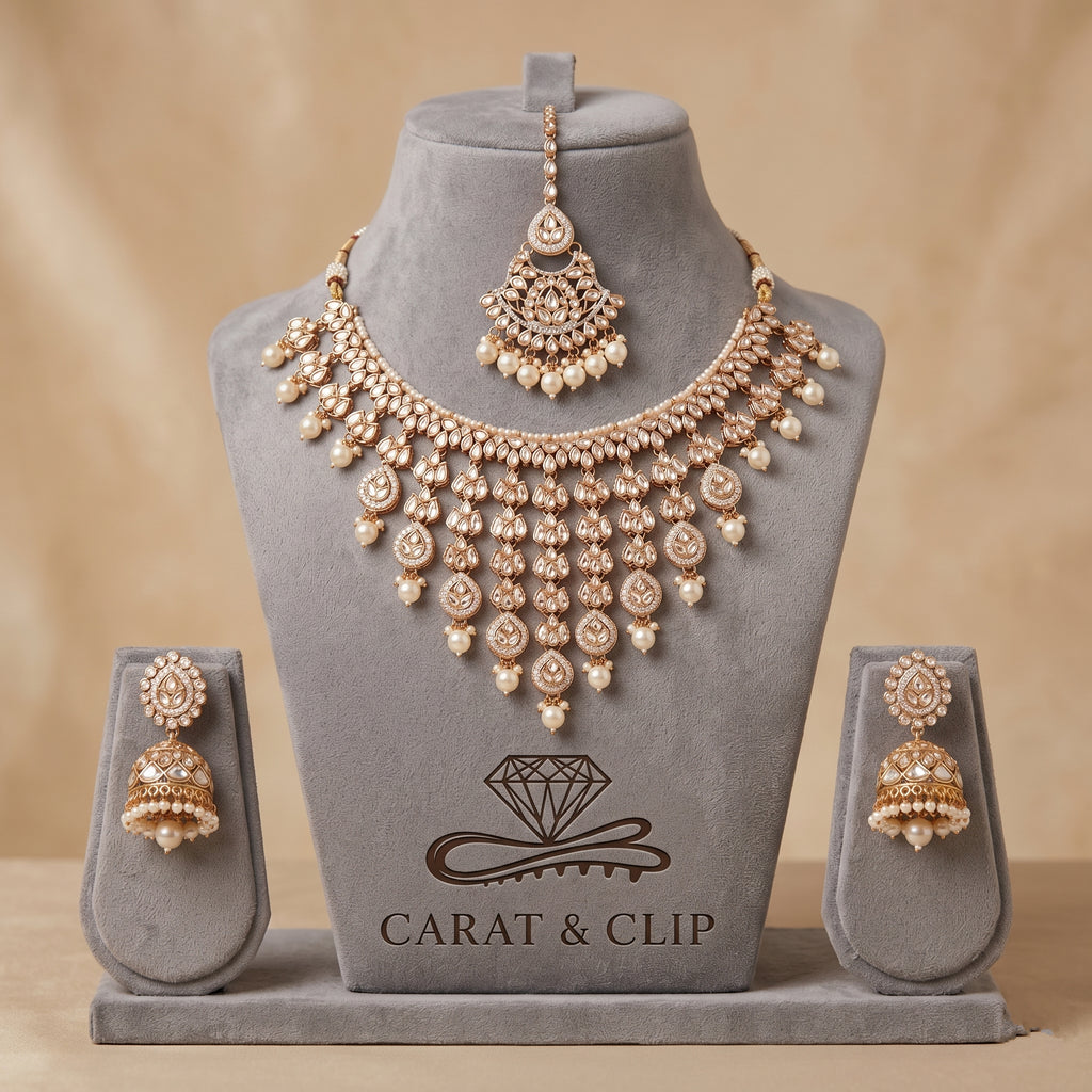 Sheesh Mahal Bride - Heavy Polki Bridal Necklace with Pearl Cascades & Maang Tikka