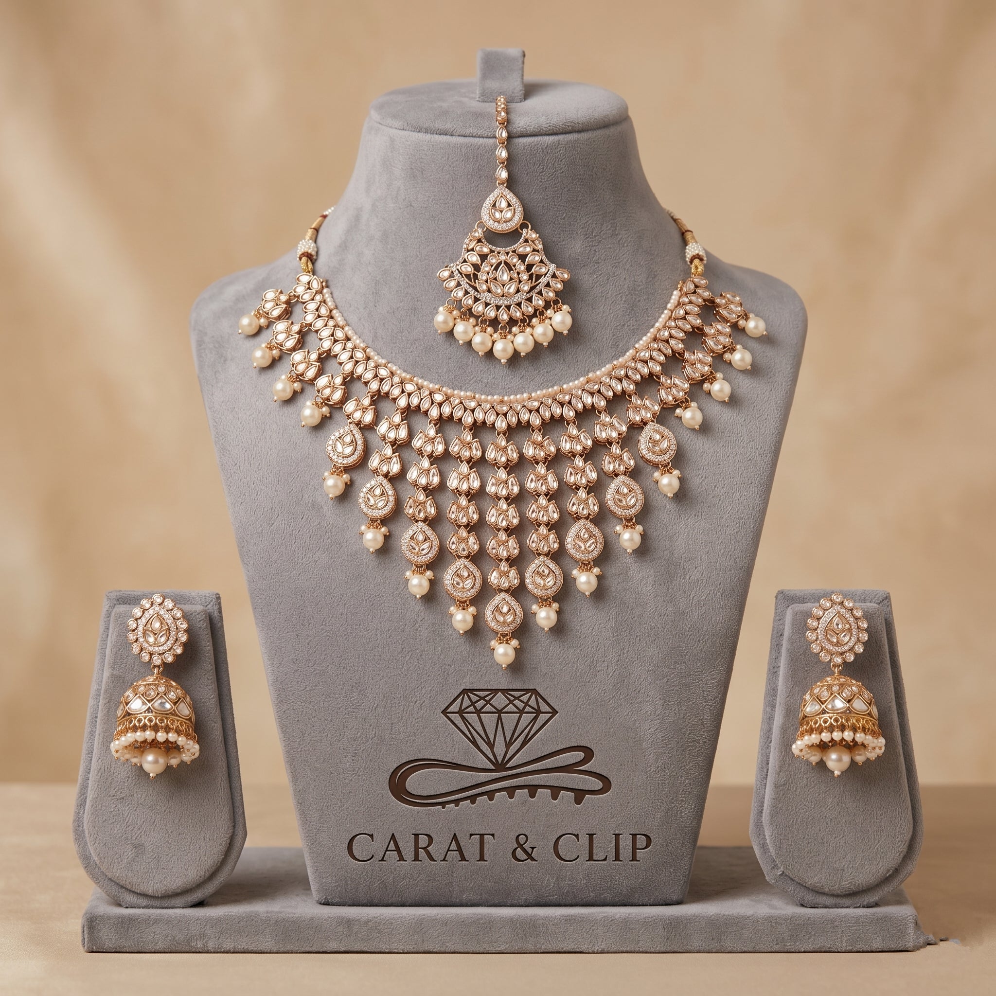 Sheesh Mahal Bride - Heavy Polki Bridal Necklace with Pearl Cascades & Maang Tikka