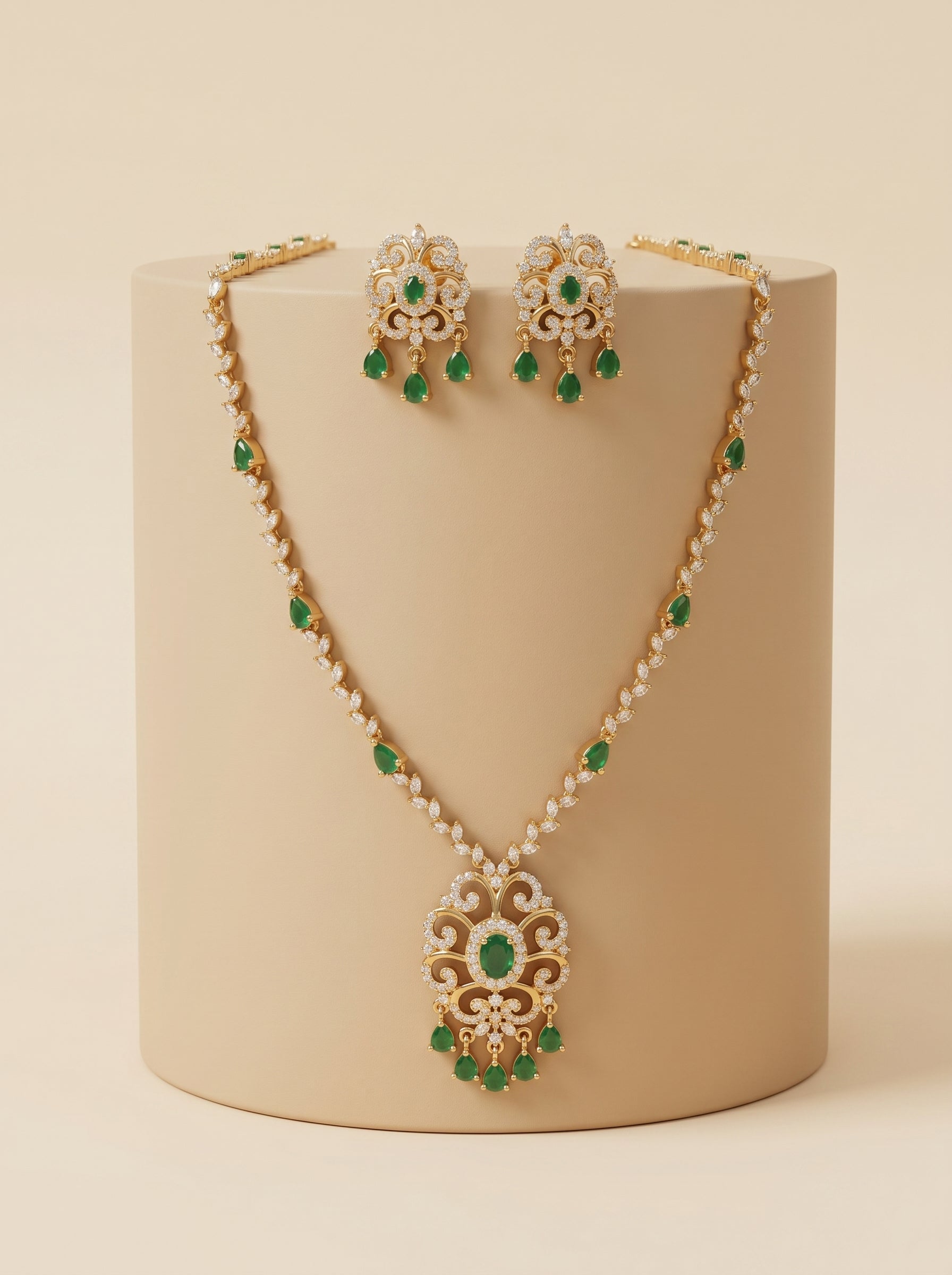 Emerald Eve - Diamond & Emerald Long Necklace Set in Rose Gold (24 Carat Gold Plated)