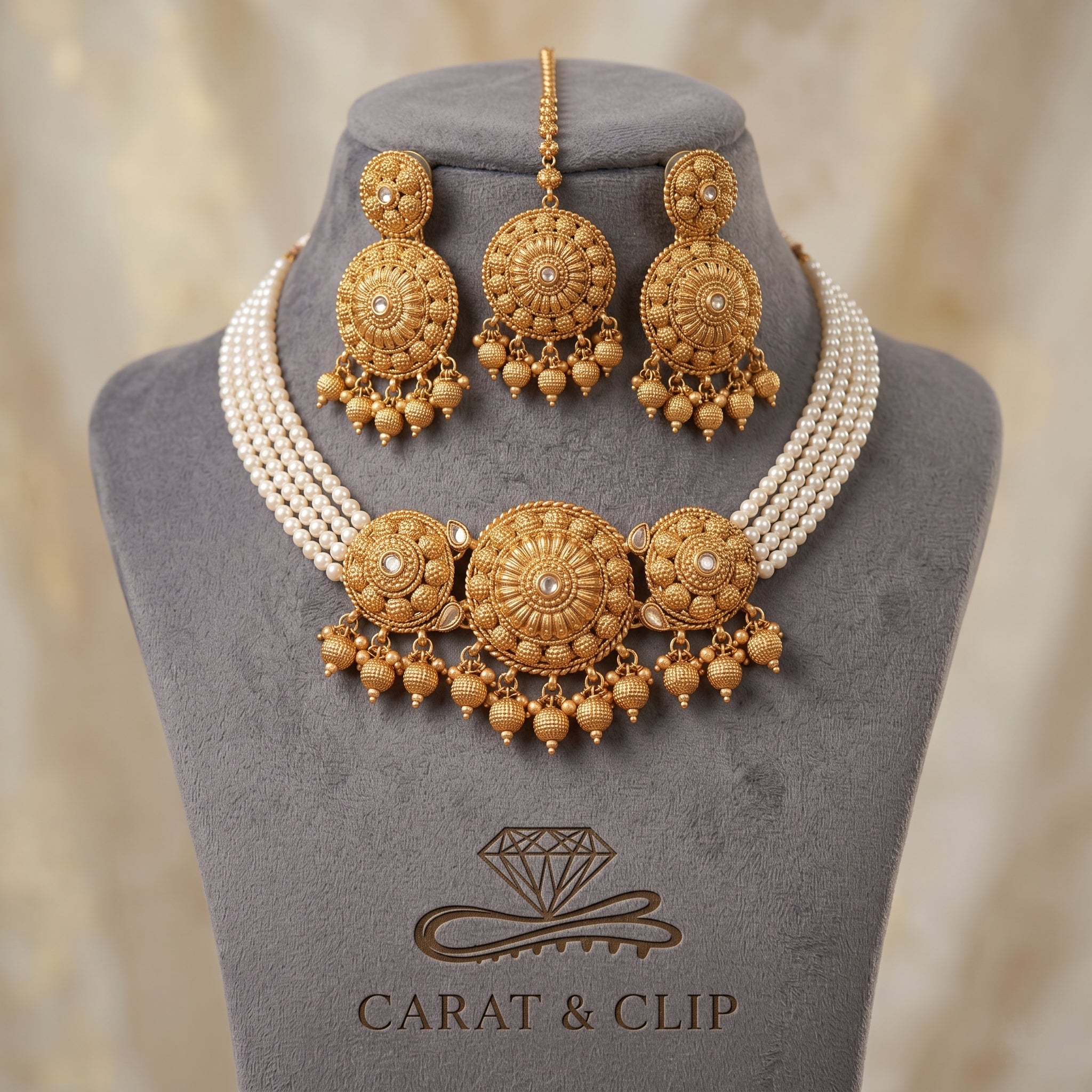Sone Ki Dastaan Antique - Gold Pearl Choker with Chandbalis & Maang Tikka