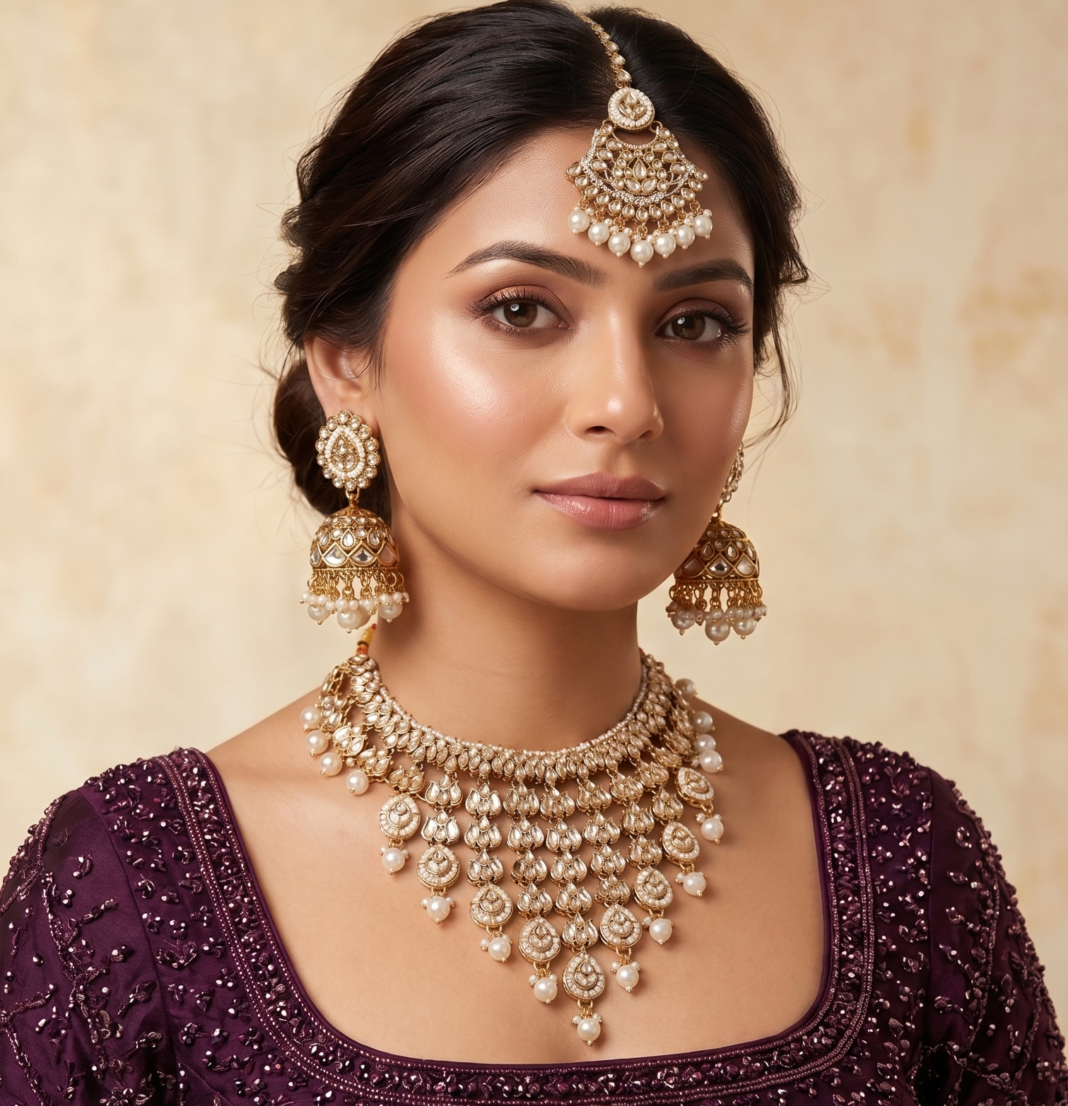 Sheesh Mahal Bride - Heavy Polki Bridal Necklace with Pearl Cascades & Maang Tikka