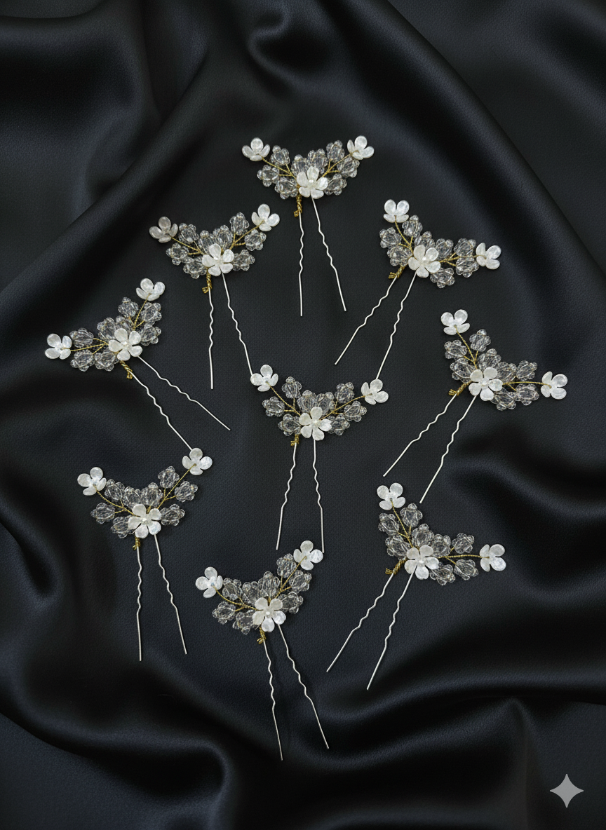 Ethereal Crystal Gold Floral Hair Pins
