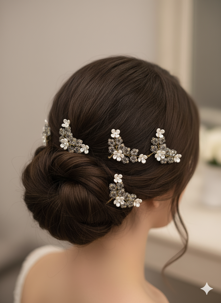 Ethereal Crystal Gold Floral Hair Pins