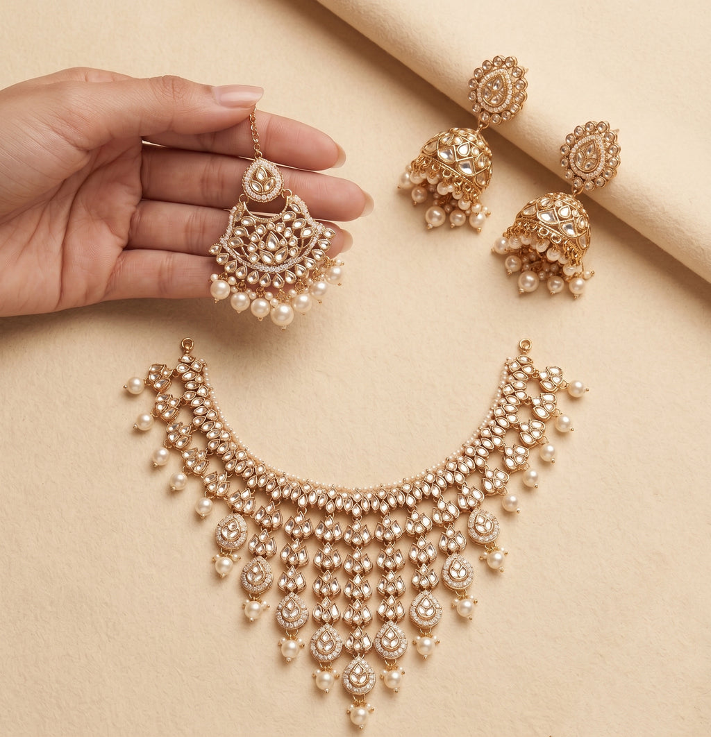Sheesh Mahal Bride - Heavy Polki Bridal Necklace with Pearl Cascades & Maang Tikka