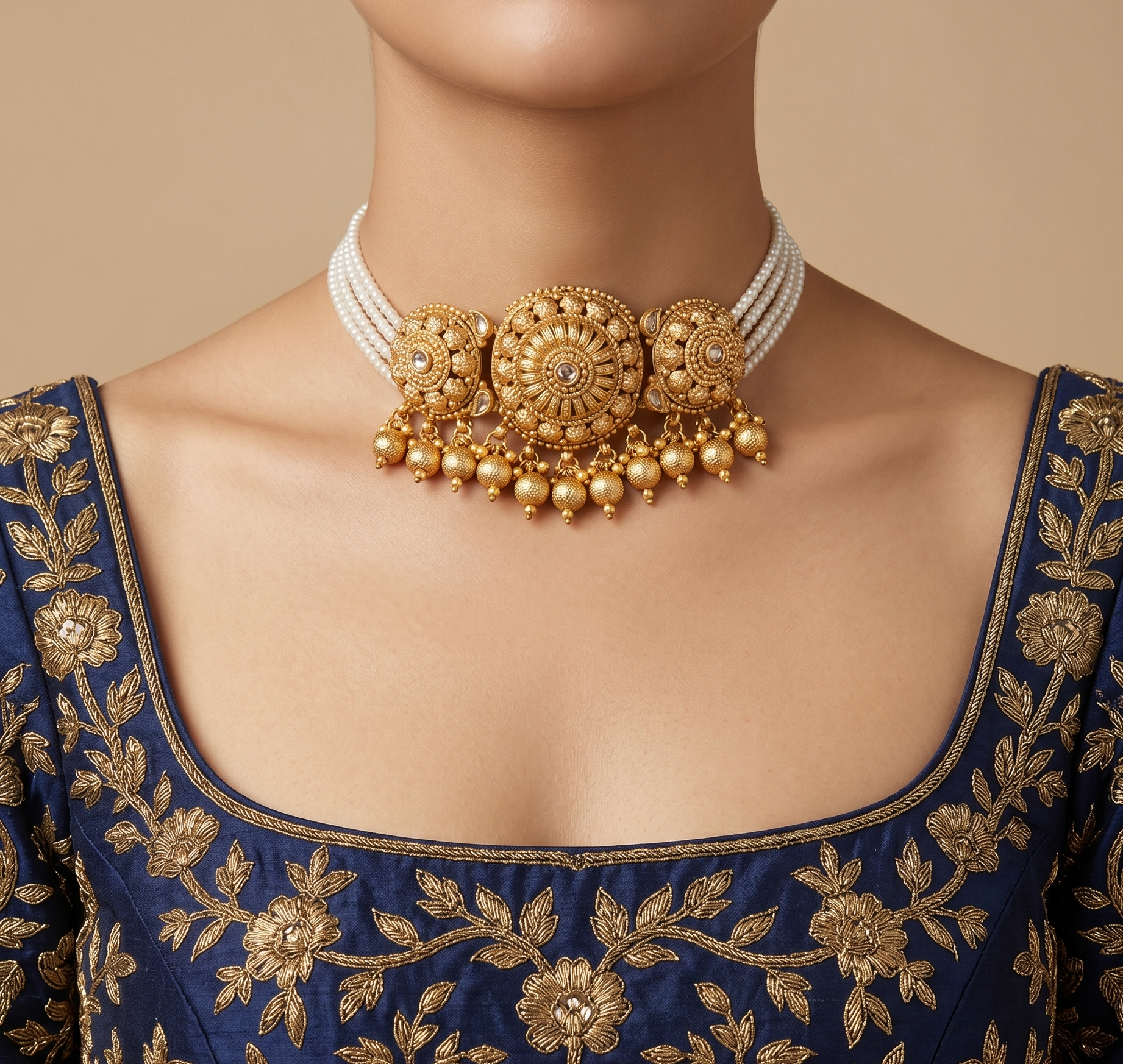 Sone Ki Dastaan Antique - Gold Pearl Choker with Chandbalis & Maang Tikka