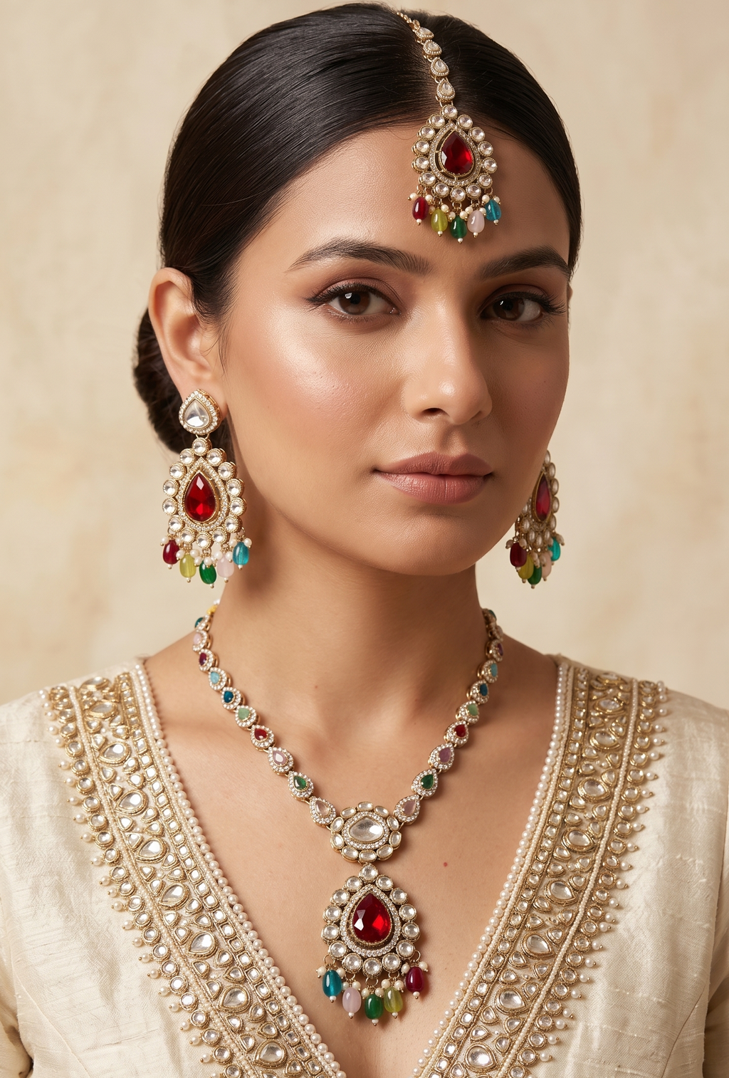 Rang Rasiya - Multicolour Kundan Necklace with Ruby Pendant, Tassel & Chandbalis
