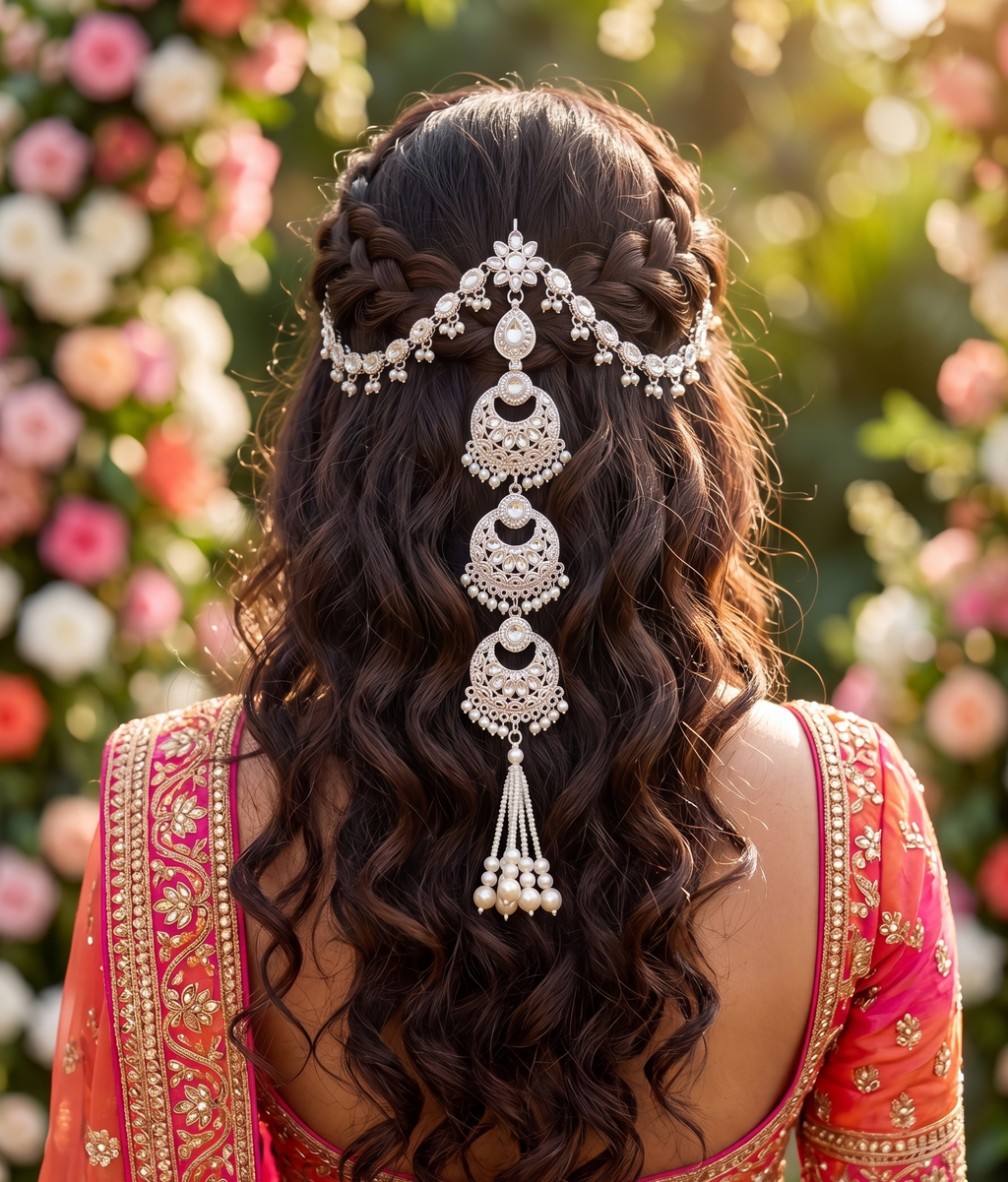Silver Pearl Kundan Bridal Necklace Hair Chain