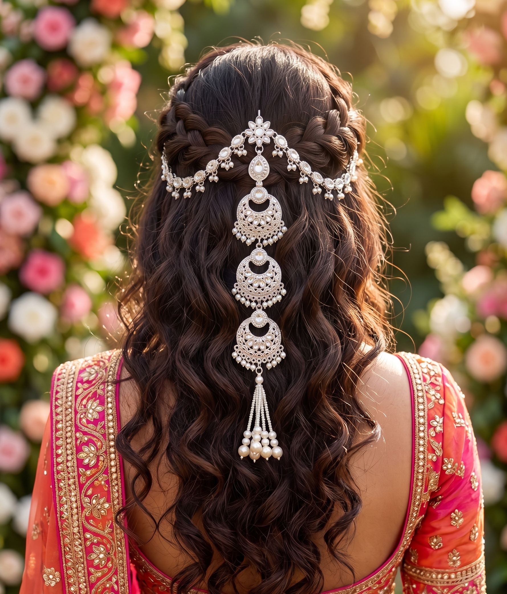 Silver Pearl Kundan Bridal Necklace Hair Chain