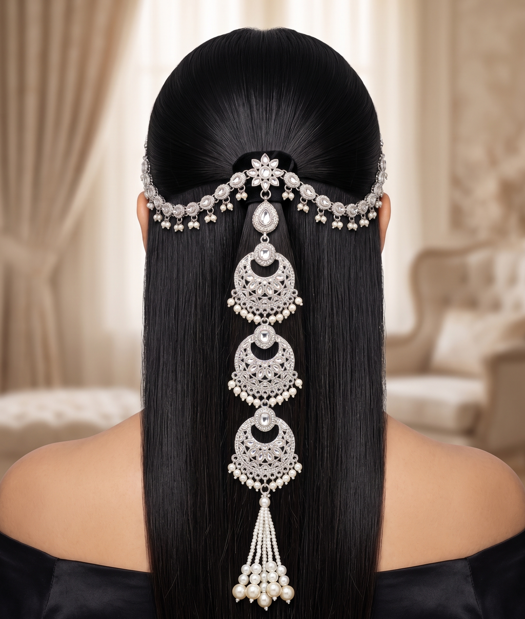 Silver Pearl Kundan Bridal Necklace Hair Chain