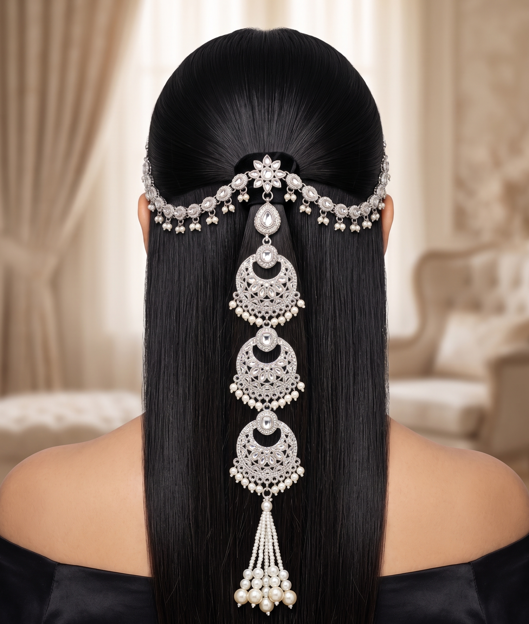 Silver Pearl Kundan Bridal Necklace Hair Chain