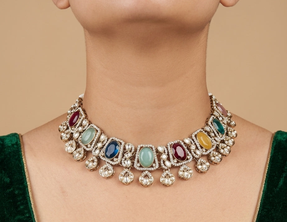 Panchratna - Multicolour Gemstone Polki Necklace Set with Maang Tikka