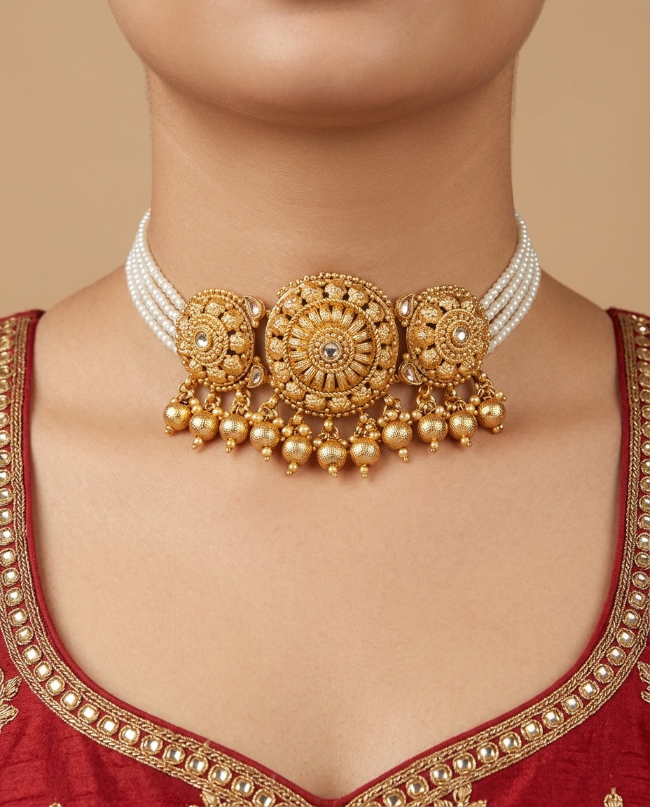 Sone Ki Dastaan Antique - Gold Pearl Choker with Chandbalis & Maang Tikka