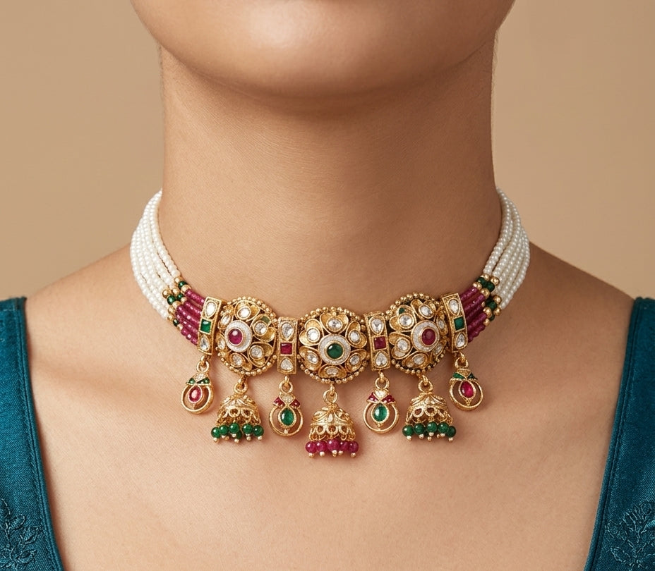 Rang Mahal - Kundan Choker Set with Ruby, Emerald & Jhumka Drops