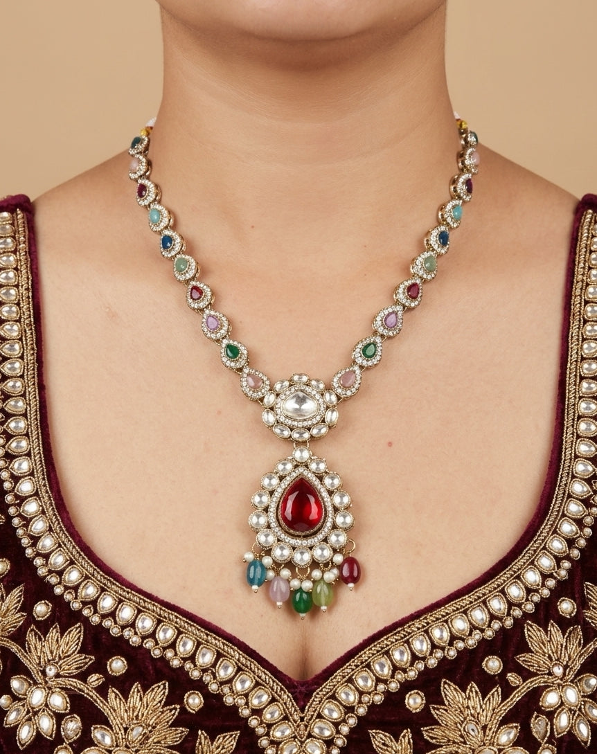 Rang Rasiya - Multicolour Kundan Necklace with Ruby Pendant, Tassel & Chandbalis