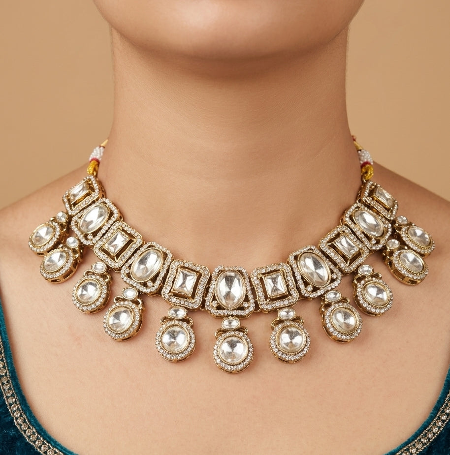 Noor-e-Polki Set- Polki Choker with Crescent Chandbalis & Maang Tikka (Model Look)