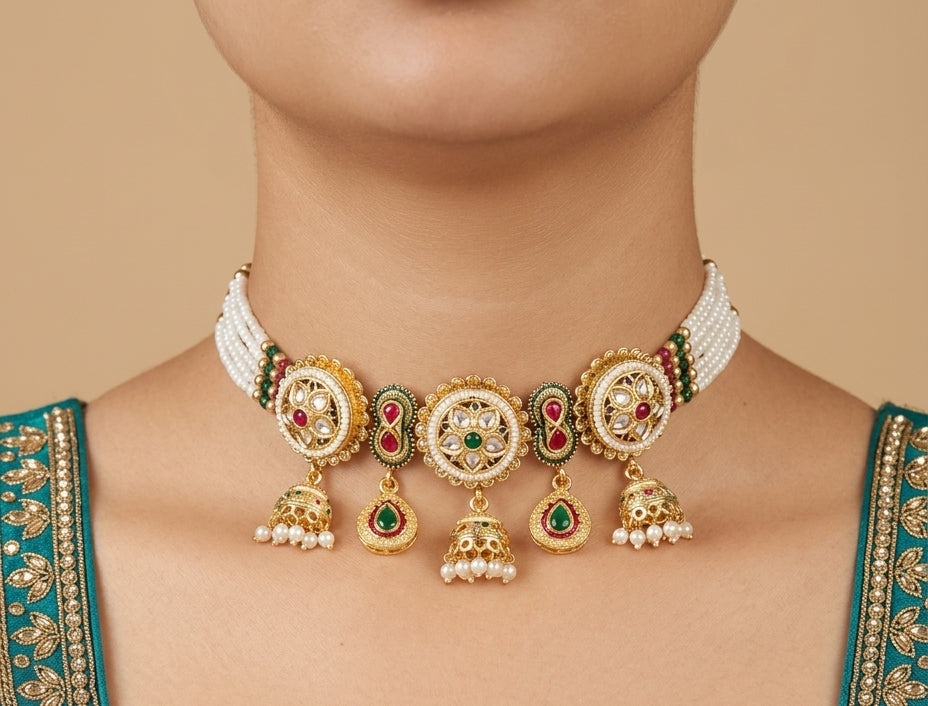 Noor-e-Nikaah - Kundan Pearl Choker with Jhumka & Teardrop Pendants