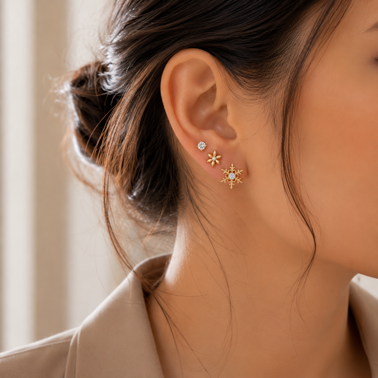 The Celestial Stud Edit (Snowflake · Crystal solitaire · Daisy flower)