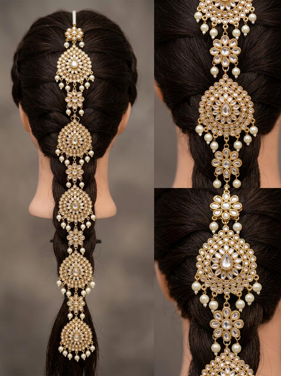 Royal Kundan & Pearl Bridal Braid Accessory