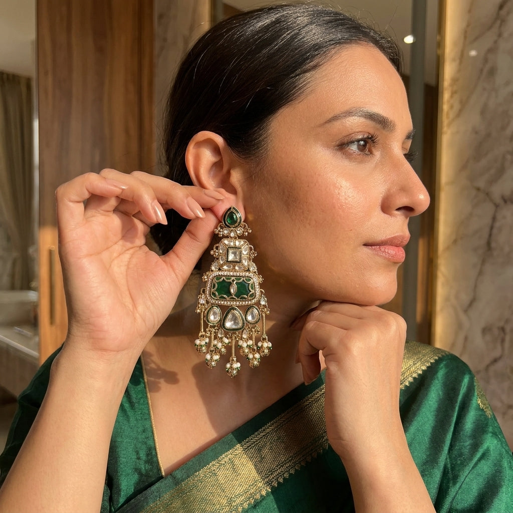 Imperial Emerald & Kundan Tiered Chandelier Earrings