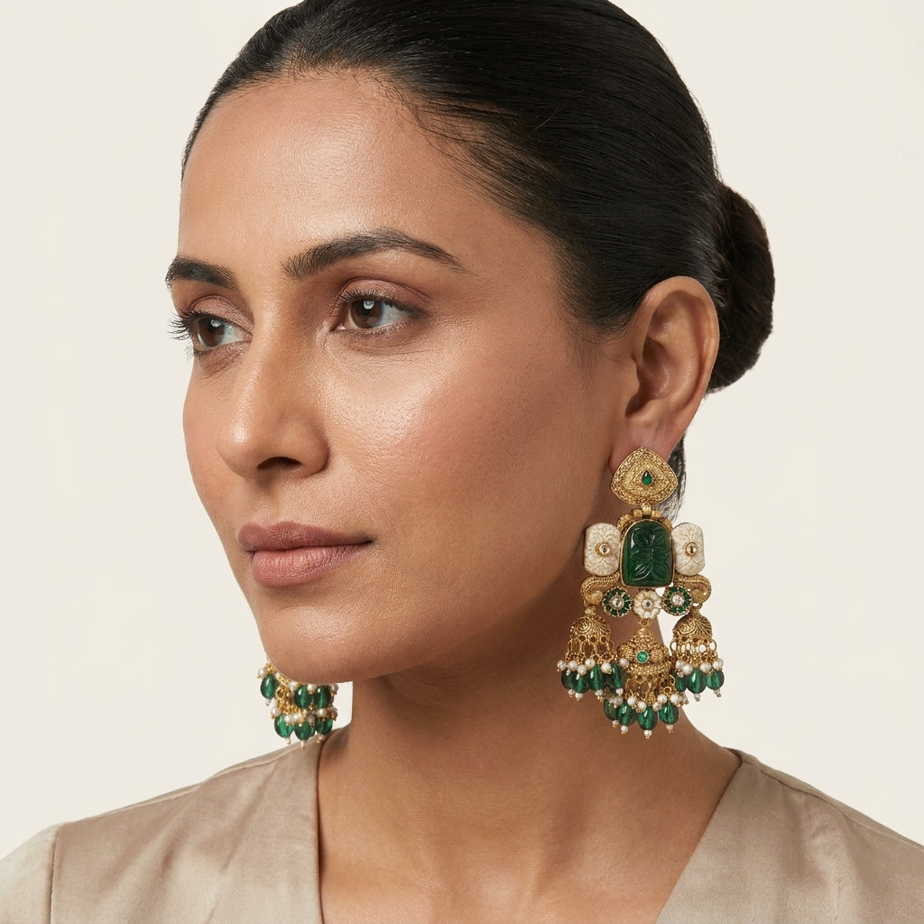 Heritage Emerald Carved Triple Jhumkas