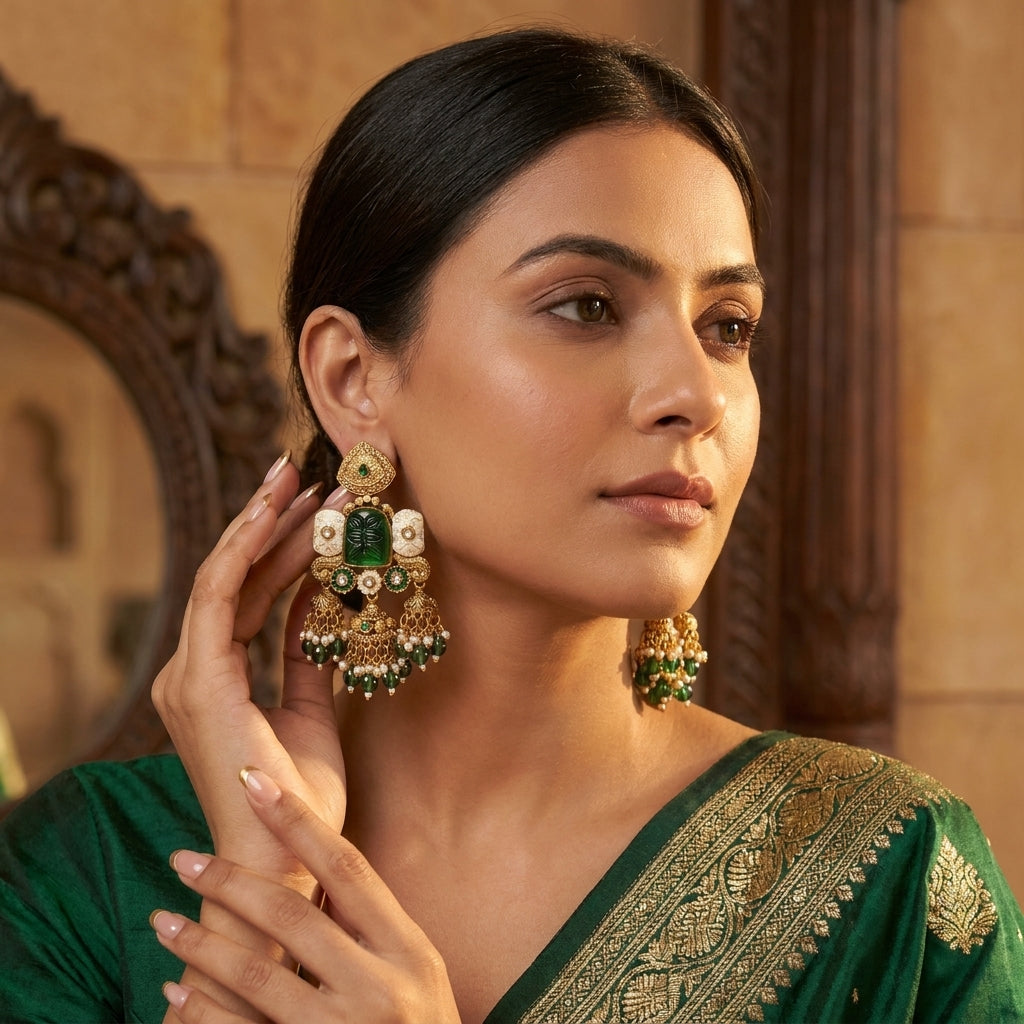 Heritage Emerald Carved Triple Jhumkas