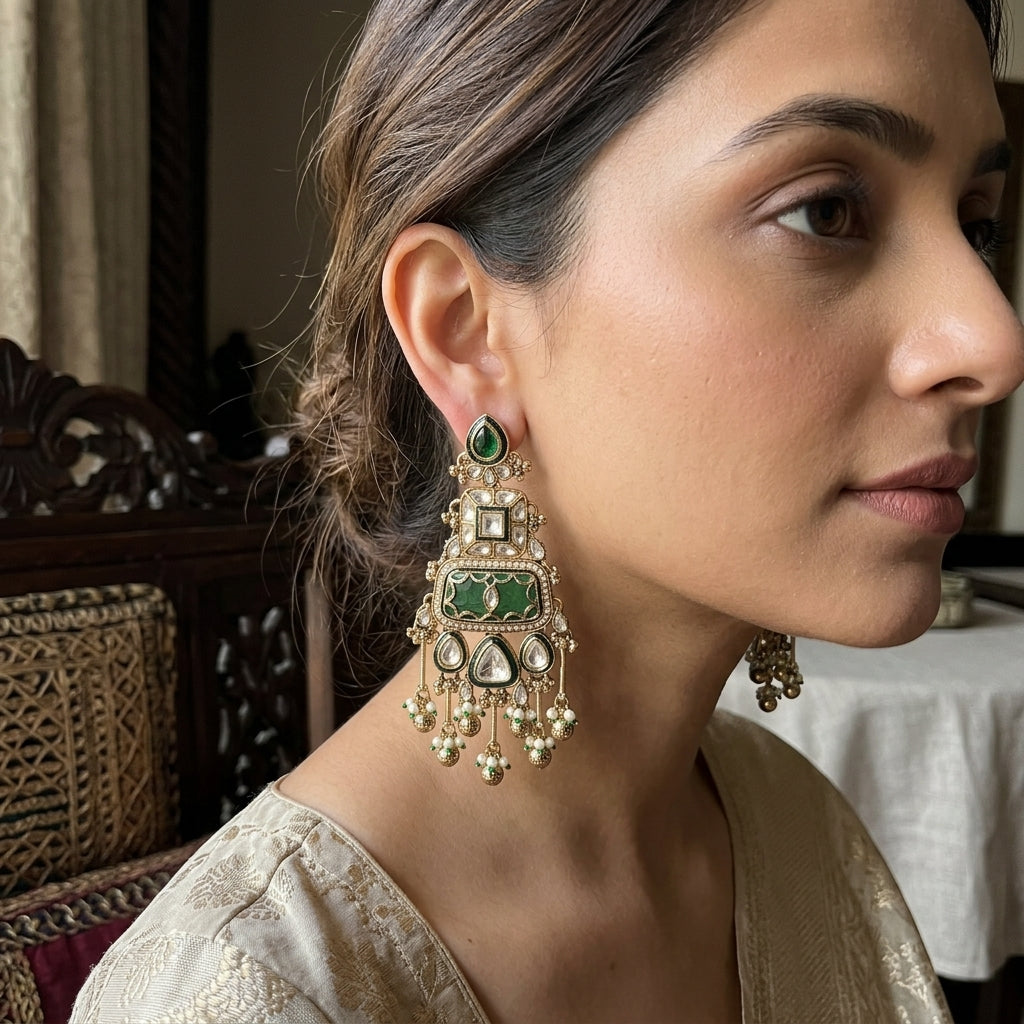 Imperial Emerald & Kundan Tiered Chandelier Earrings