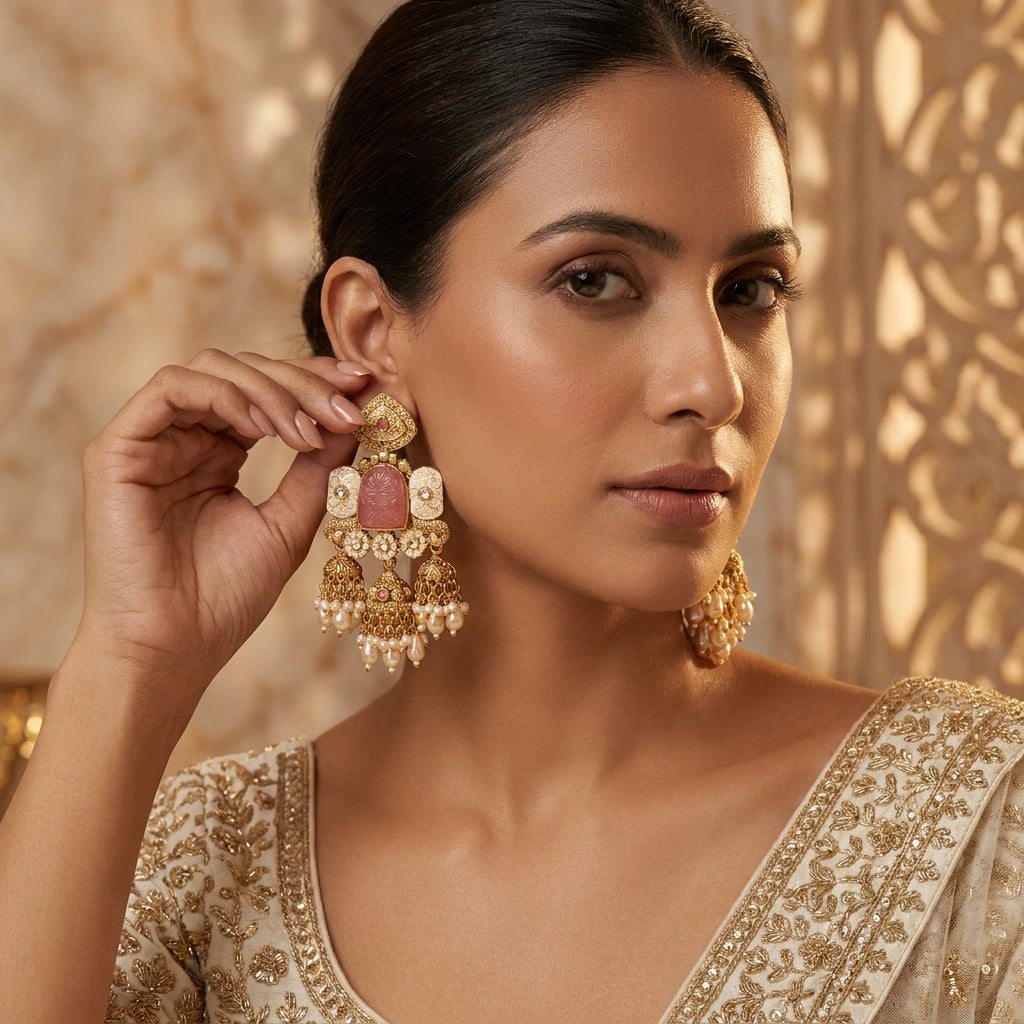 Heritage Rose Carved Jhumka Earrings