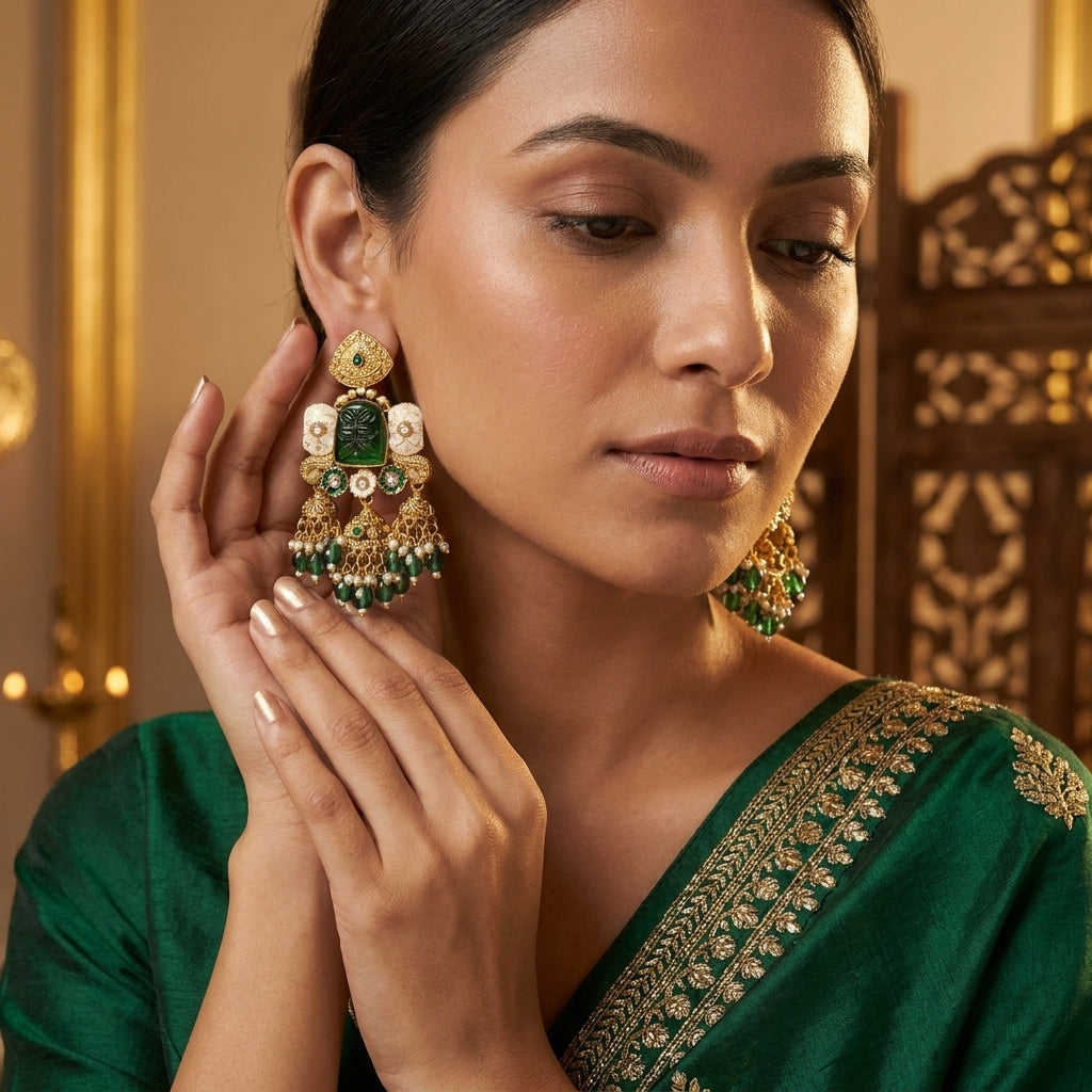 Heritage Emerald Carved Triple Jhumkas