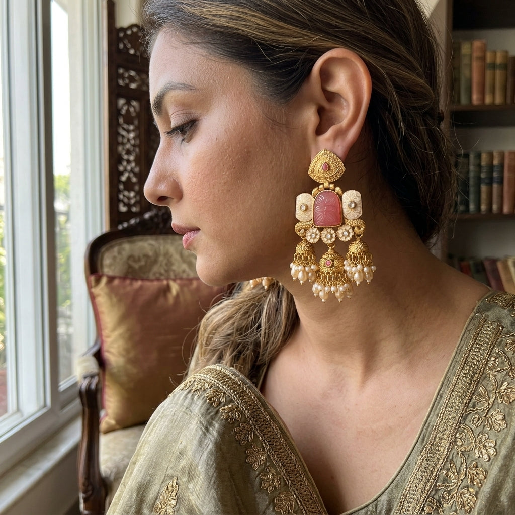 Heritage Rose Carved Jhumka Earrings