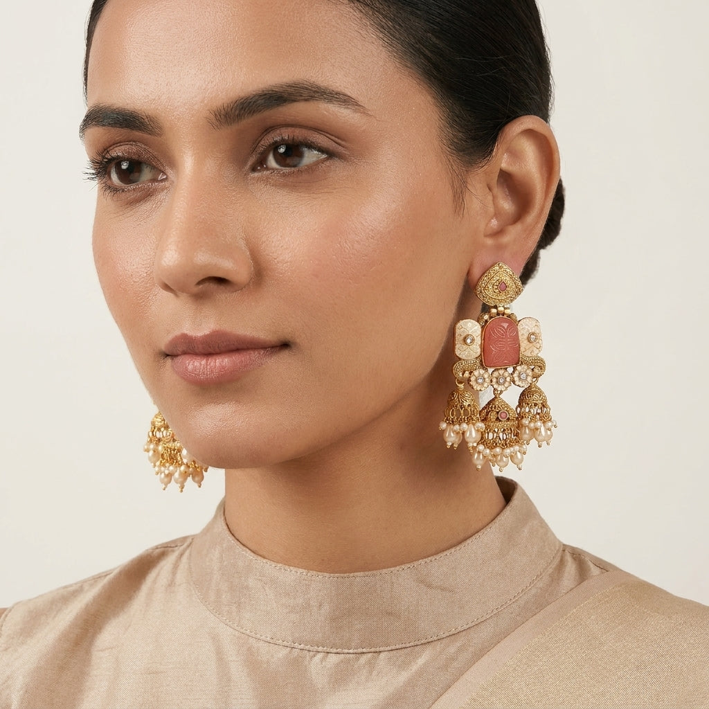 Heritage Rose Carved Jhumka Earrings