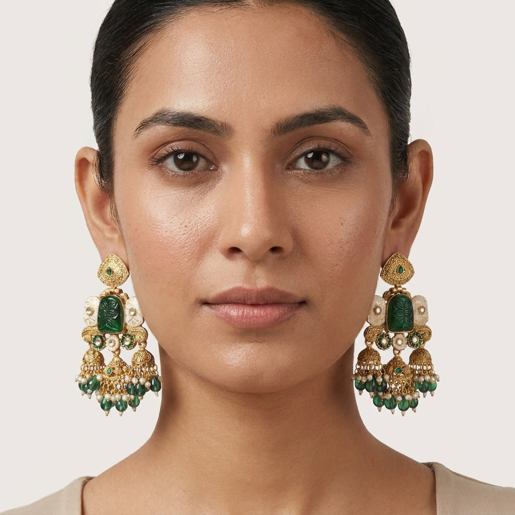 Heritage Emerald Carved Triple Jhumkas