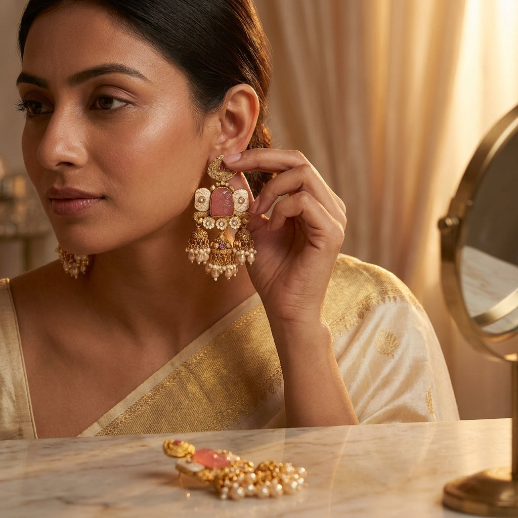 Heritage Rose Carved Jhumka Earrings