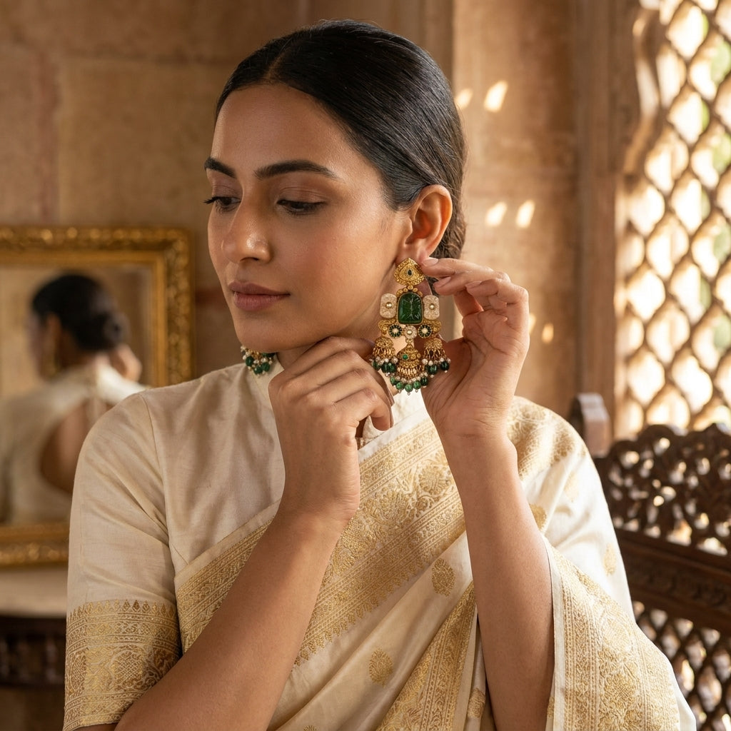 Heritage Emerald Carved Triple Jhumkas