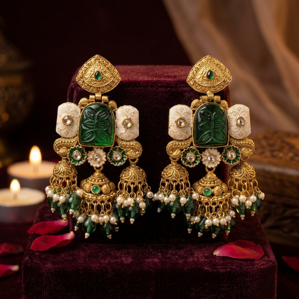 Heritage Emerald Carved Triple Jhumkas