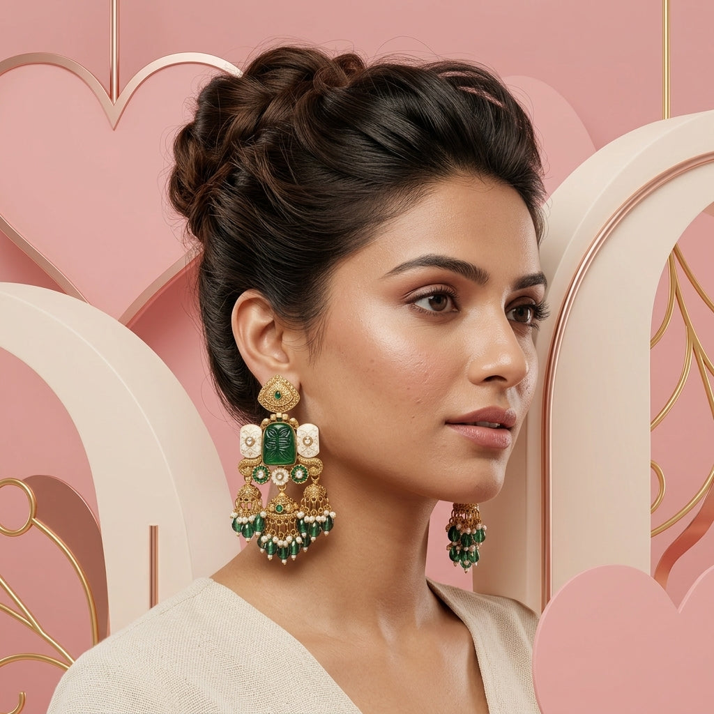 Heritage Emerald Carved Triple Jhumkas