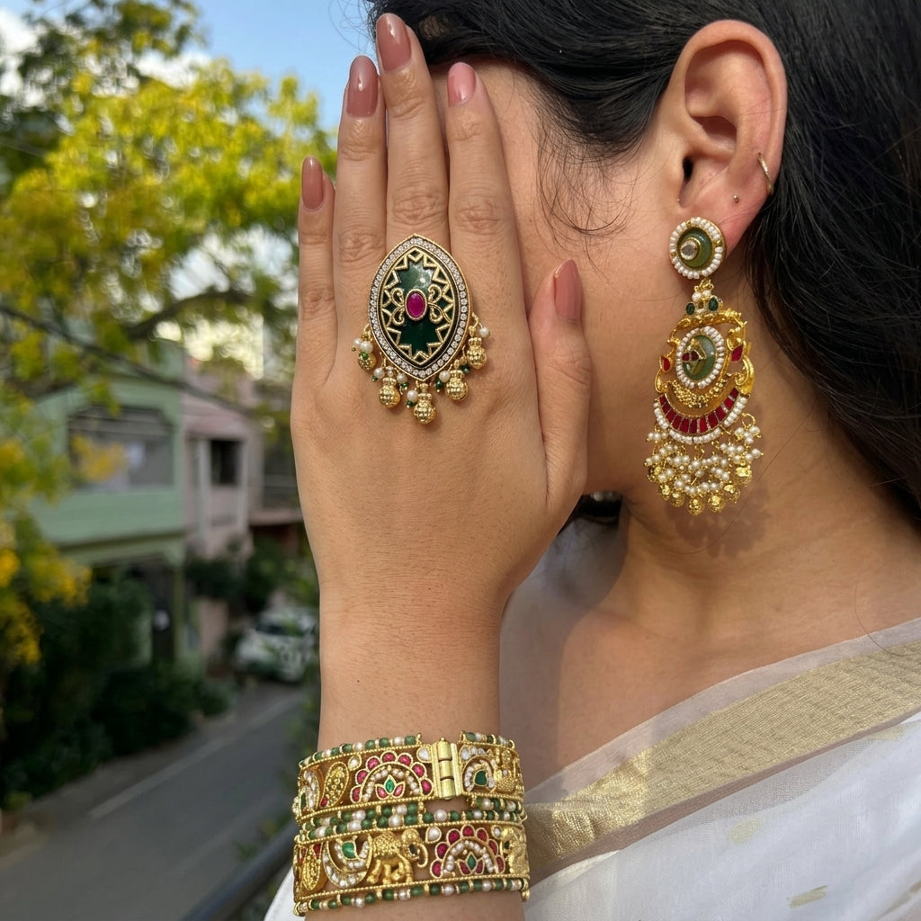 Large Kundan Ring | Green Stone, Ruby, Polki & Pearl Ghungroo Drops