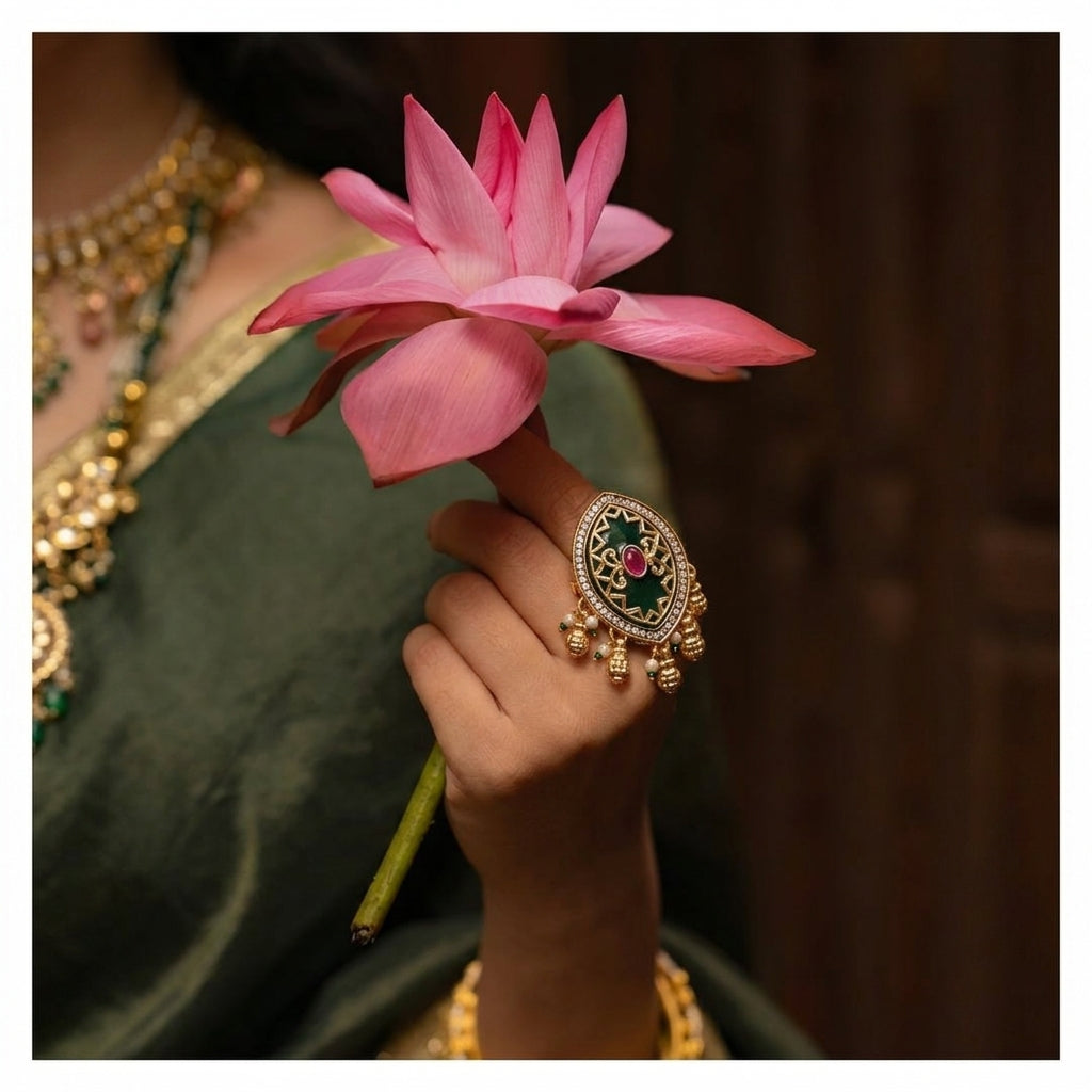 Large Kundan Ring | Green Stone, Ruby, Polki & Pearl Ghungroo Drops