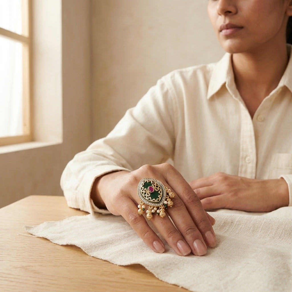 Large Kundan Ring | Green Stone, Ruby, Polki & Pearl Ghungroo Drops