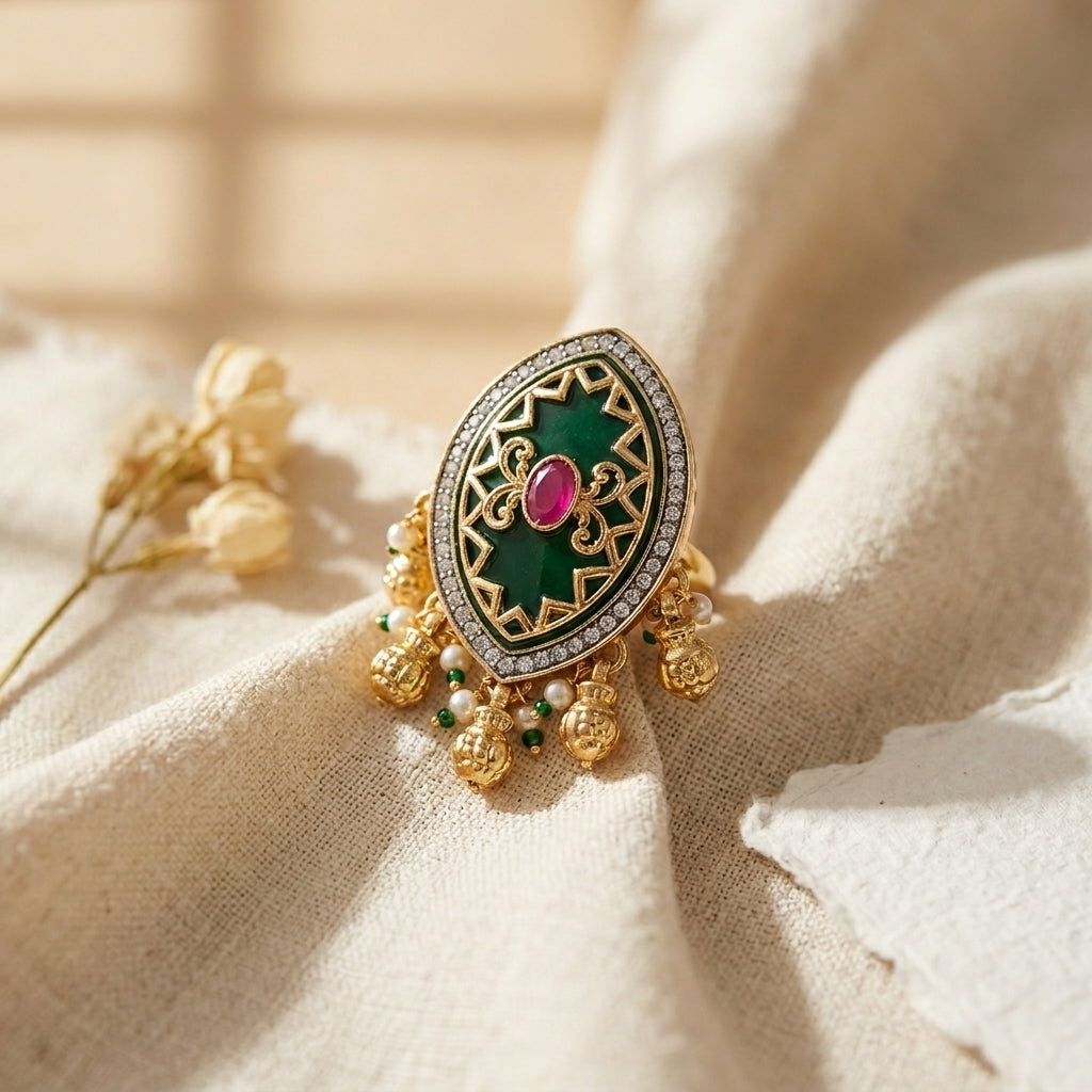 Large Kundan Ring | Green Stone, Ruby, Polki & Pearl Ghungroo Drops