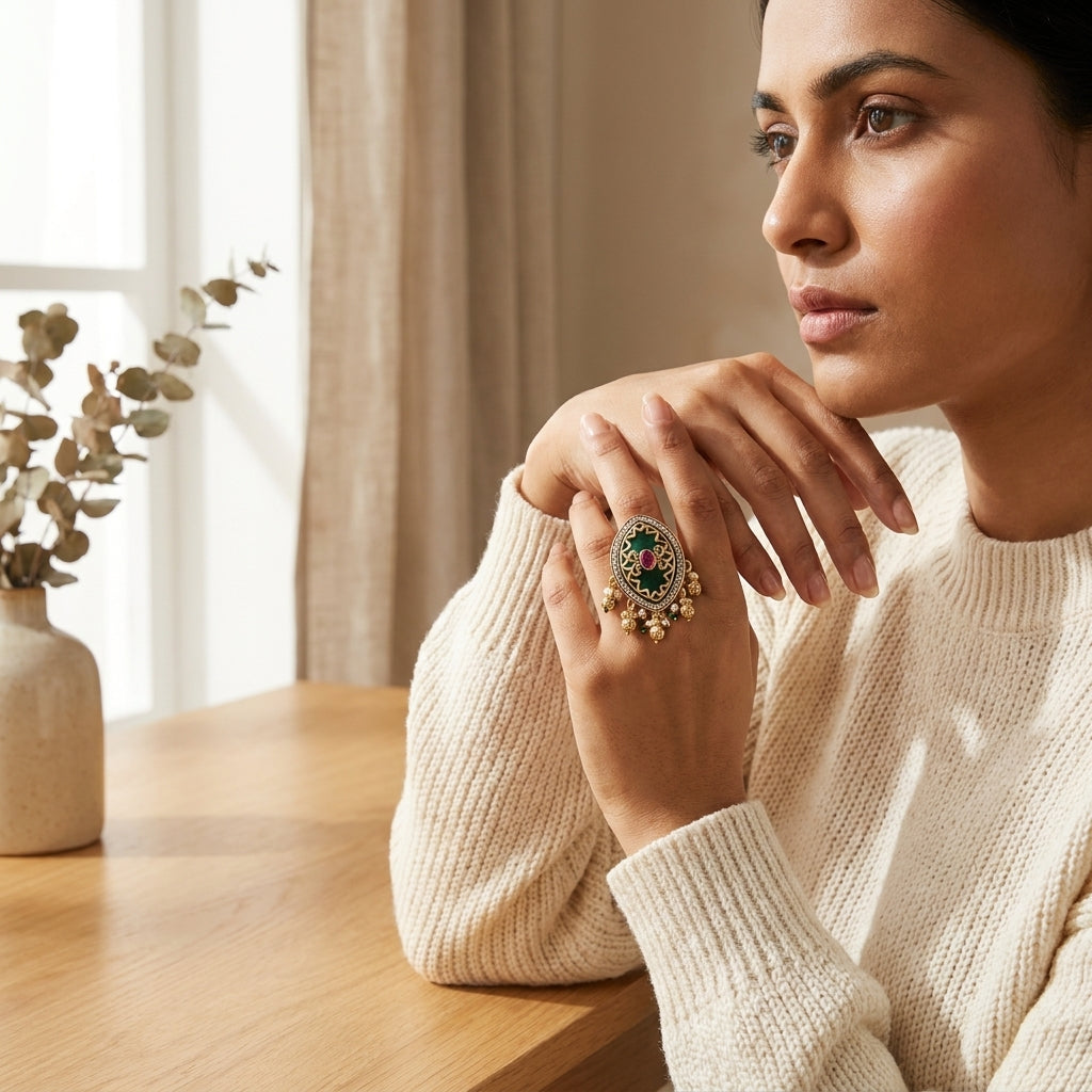 Large Kundan Ring | Green Stone, Ruby, Polki & Pearl Ghungroo Drops