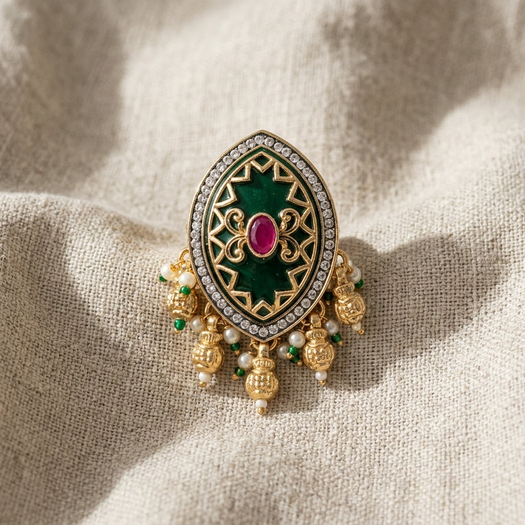 Large Kundan Ring | Green Stone, Ruby, Polki & Pearl Ghungroo Drops