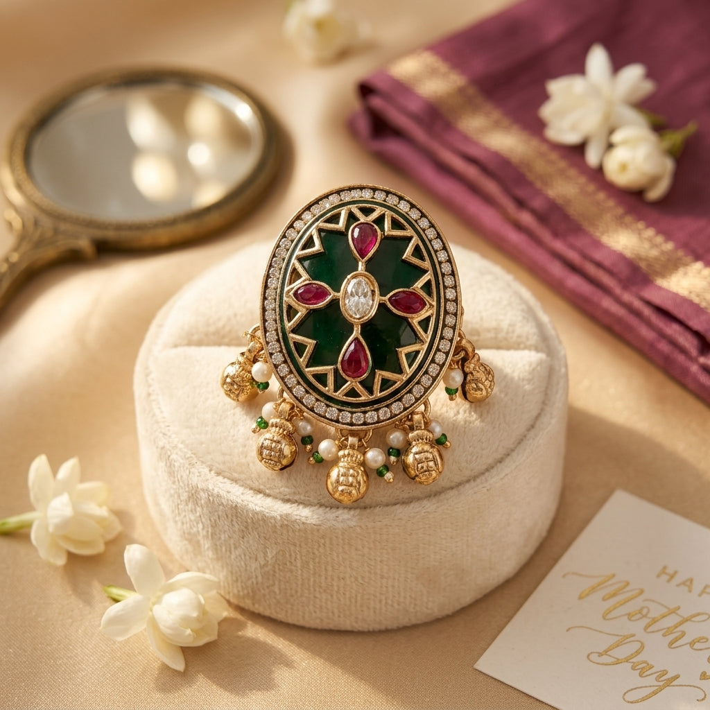 Large Oval Kundan Ring | Green Stone, Ruby, Polki & Pearl Ghungroo Drops
