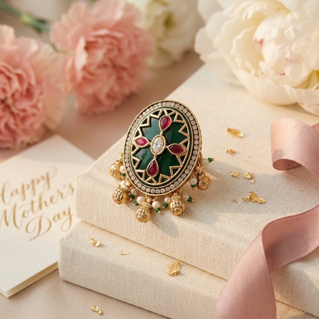 Large Oval Kundan Ring | Green Stone, Ruby, Polki & Pearl Ghungroo Drops