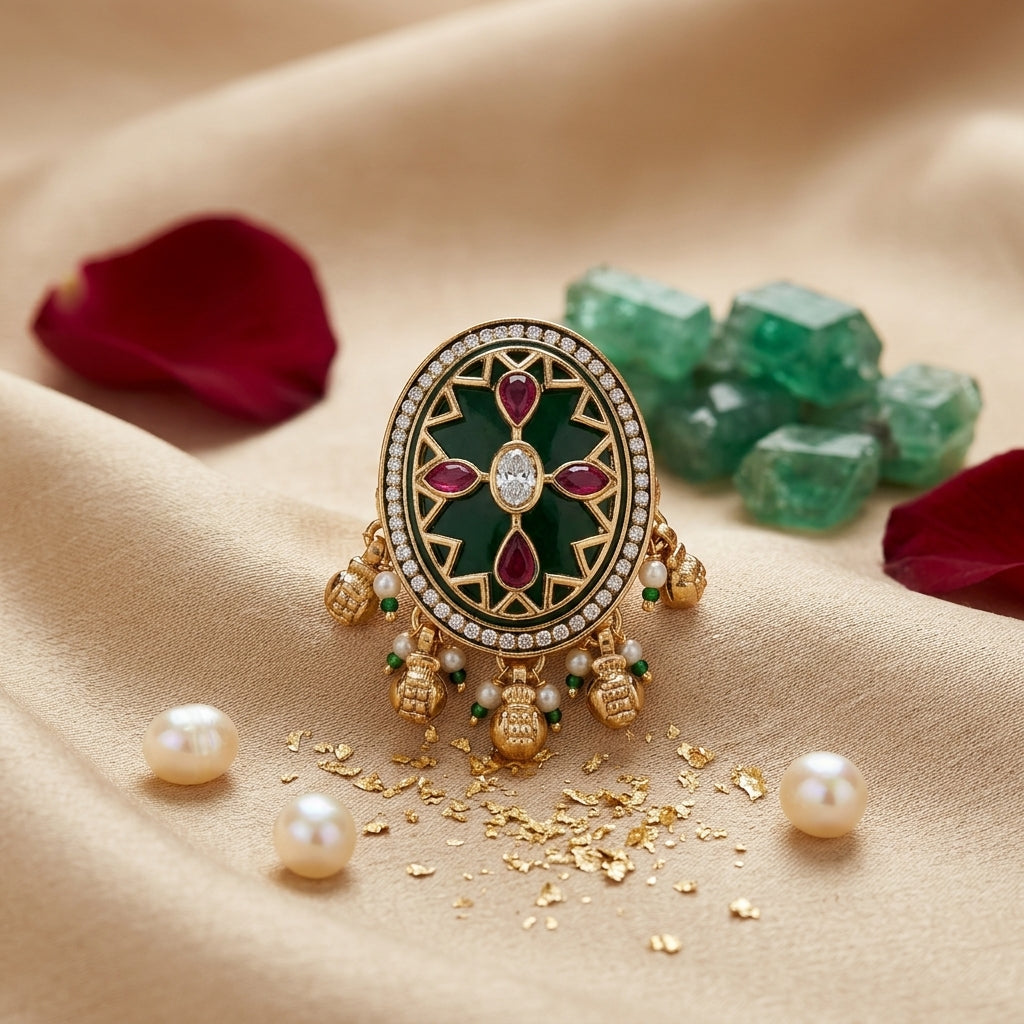 Large Oval Kundan Ring | Green Stone, Ruby, Polki & Pearl Ghungroo Drops
